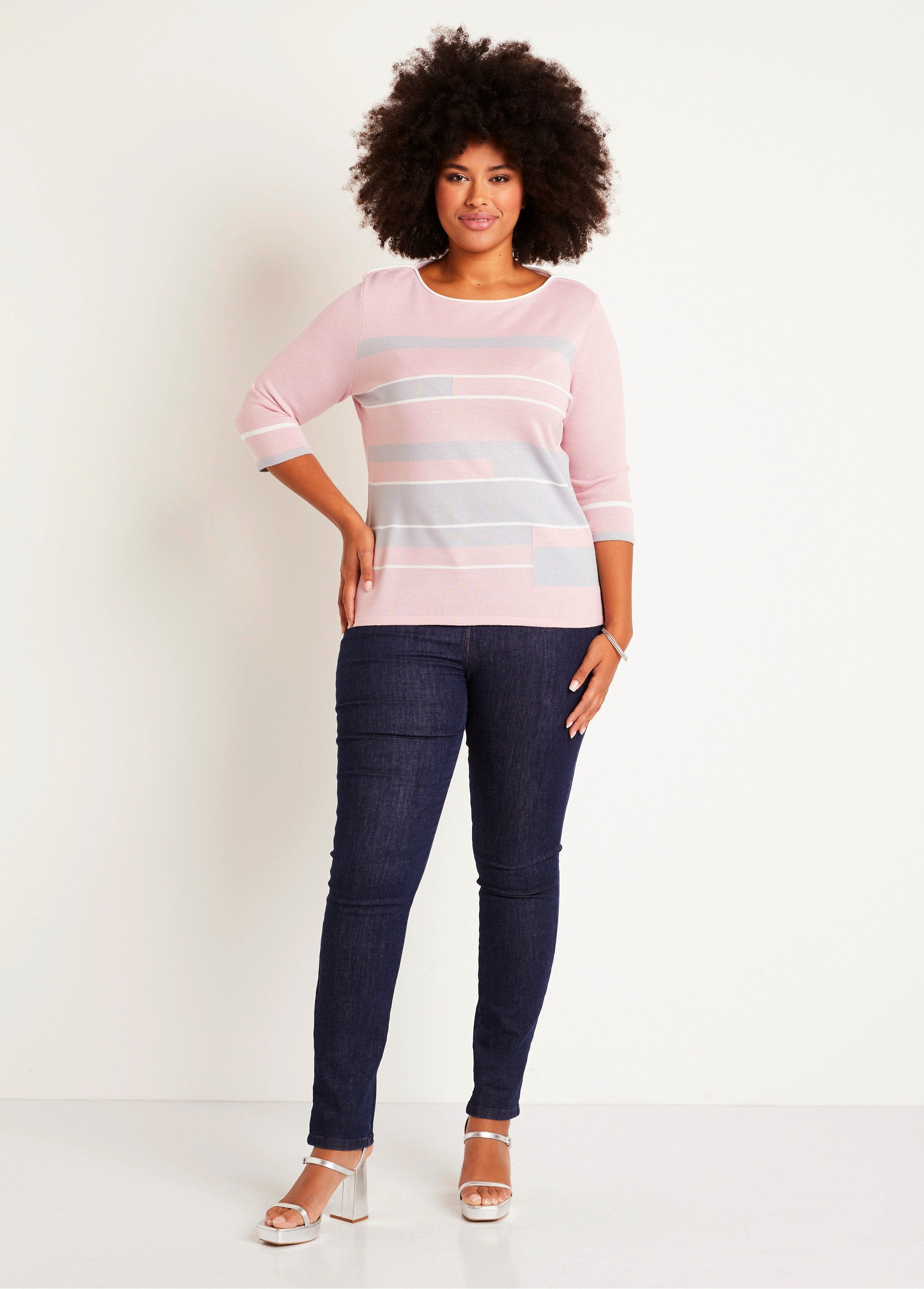 3/4_sleeve_boat_neck_sweater_with_striped_jacquard_front_Pink_and_gray_SF1_curvy