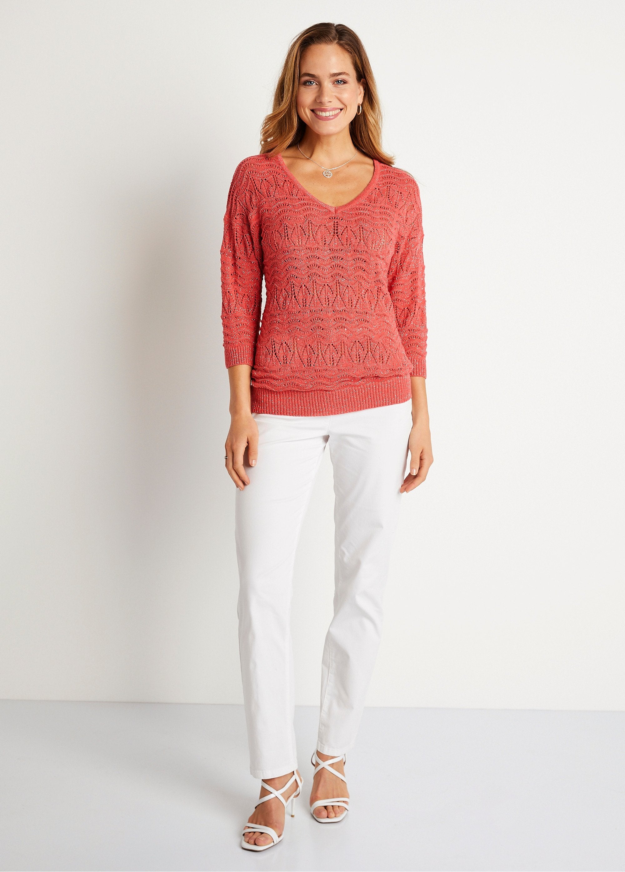 3/4_sleeve_openwork_pattern_V-neck_sweater_Coral_SF1_slim