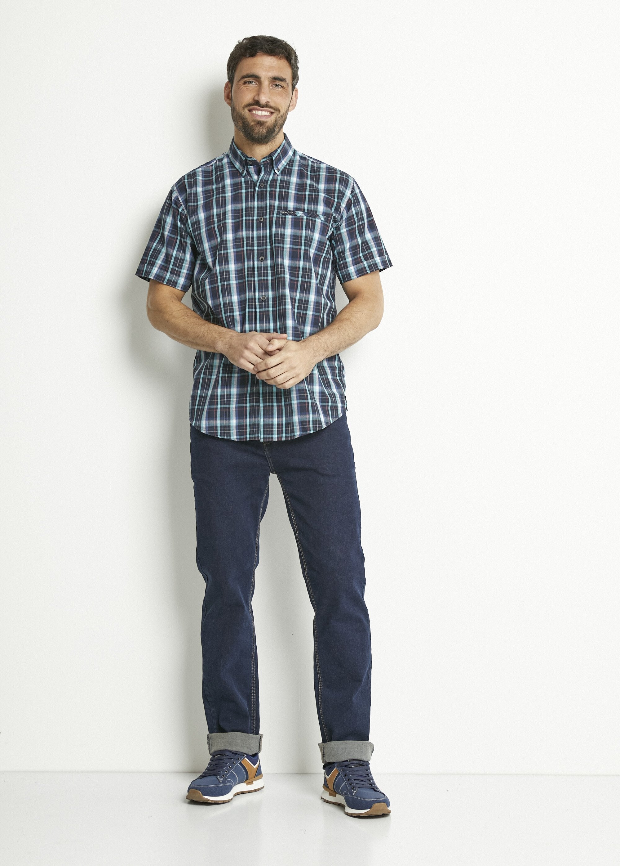 Short_sleeve_polycotton_checked_shirt_Blue_tiles_SF1_slim