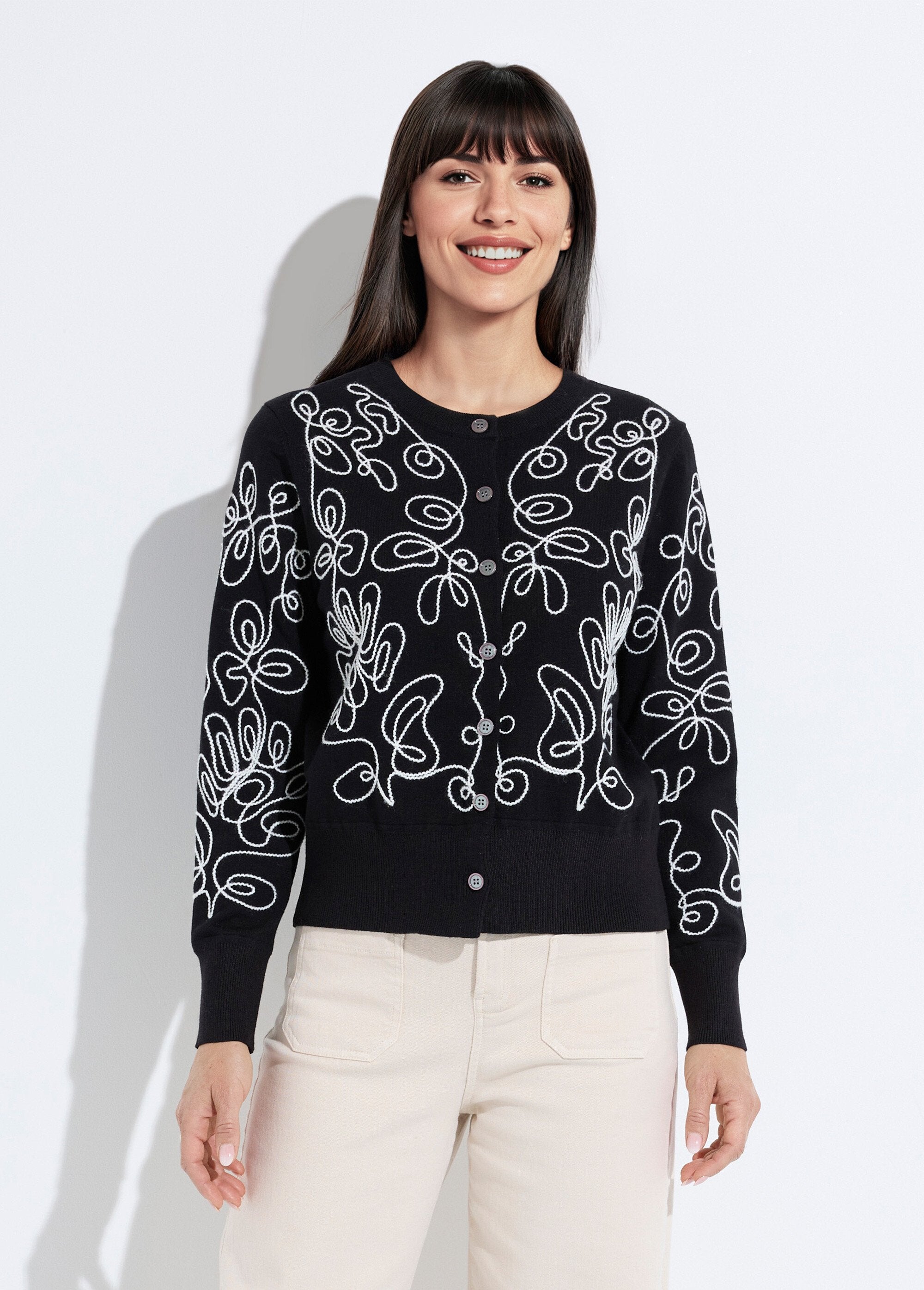 Embroidered_short_button-down_cardigan_vest_Black_and_ecru_FA1_slim