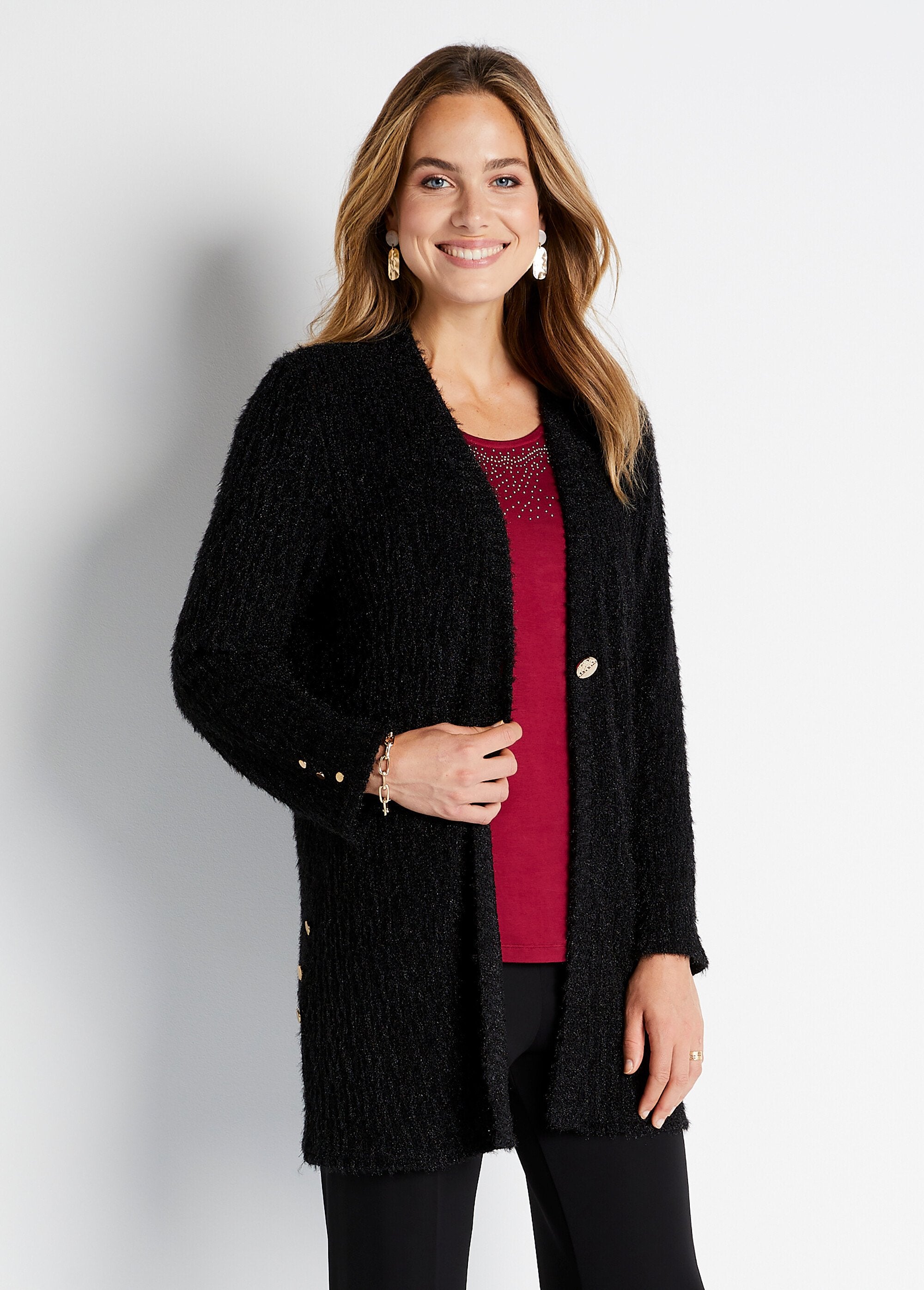 Long_loose_V-neck_cardigan_with_raised_shimmering_knit_Black_FA1_slim