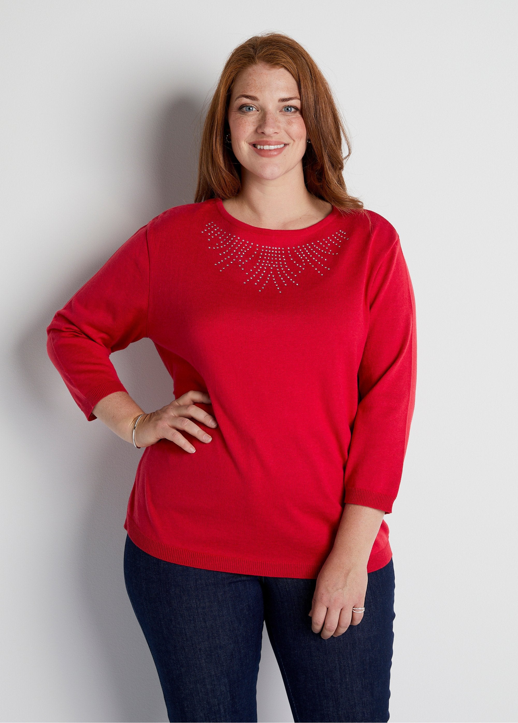 Round_neck_sweater_with_3/4_sleeves_and_studded_fantasy_Cherry_FA1_curvy