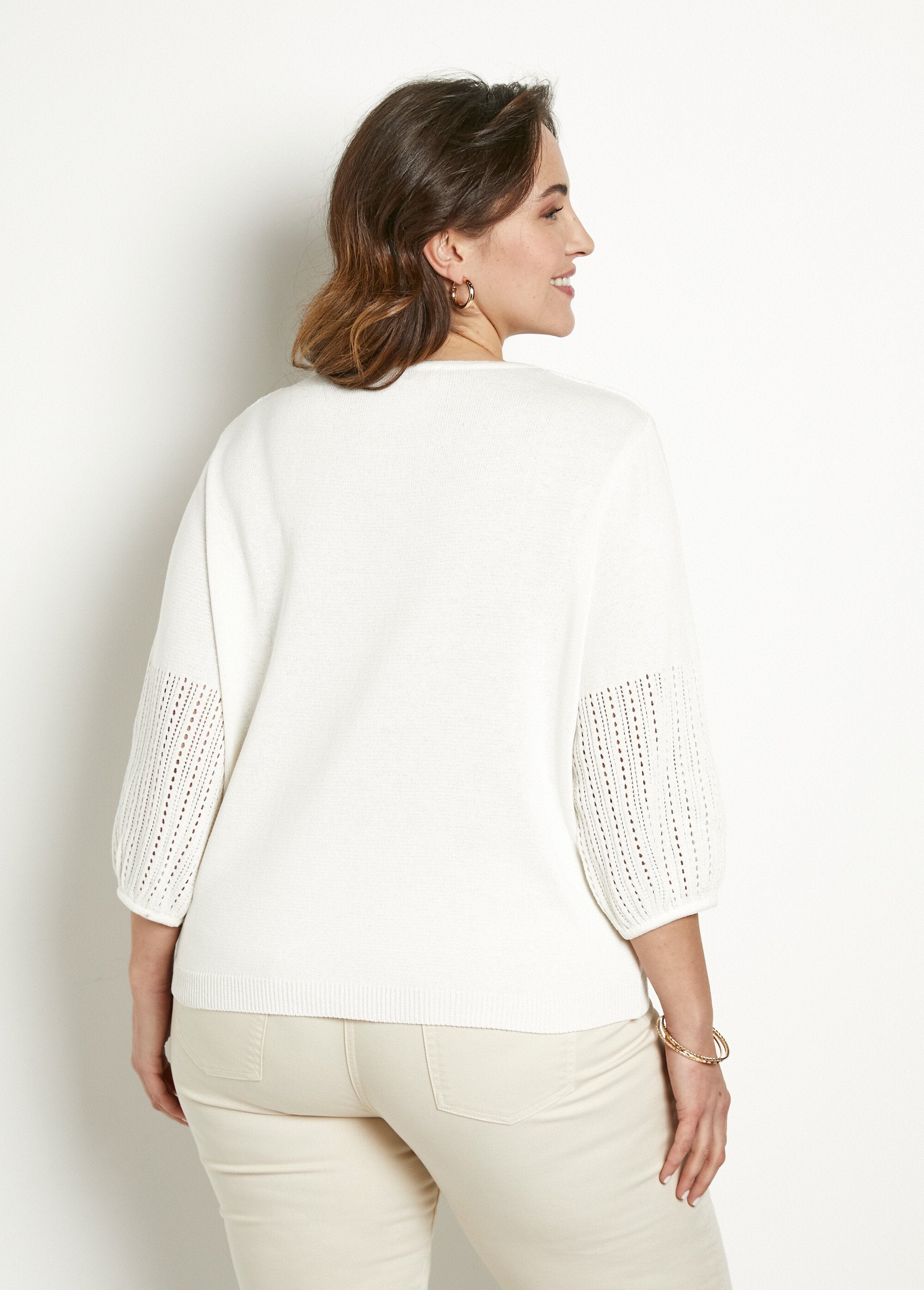 Soft_openwork_cotton_sweater_with_3/4_sleeves_and_round_neck_Ecru_DO1_curvy