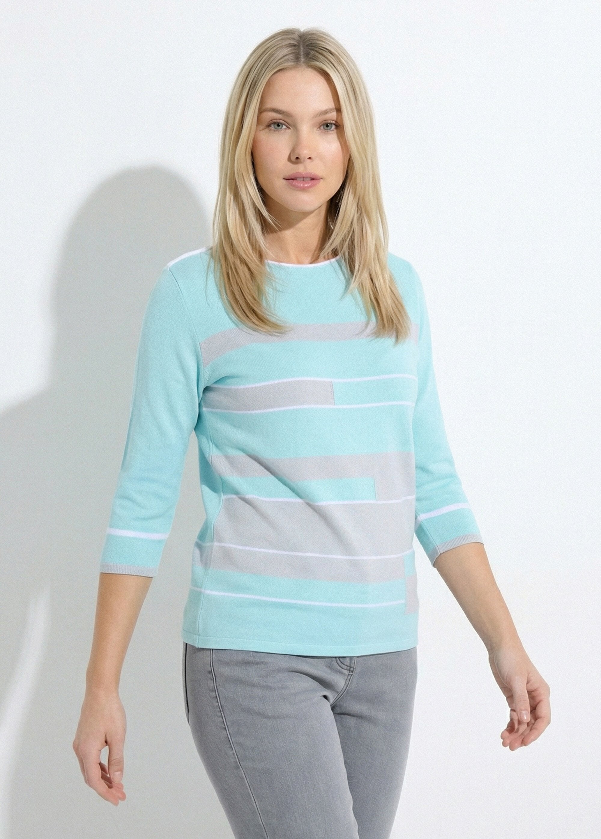Pull_manches_3/4_col_bateau_jacquard_rayé_devant_Aqua_et_gris_FA1_slim