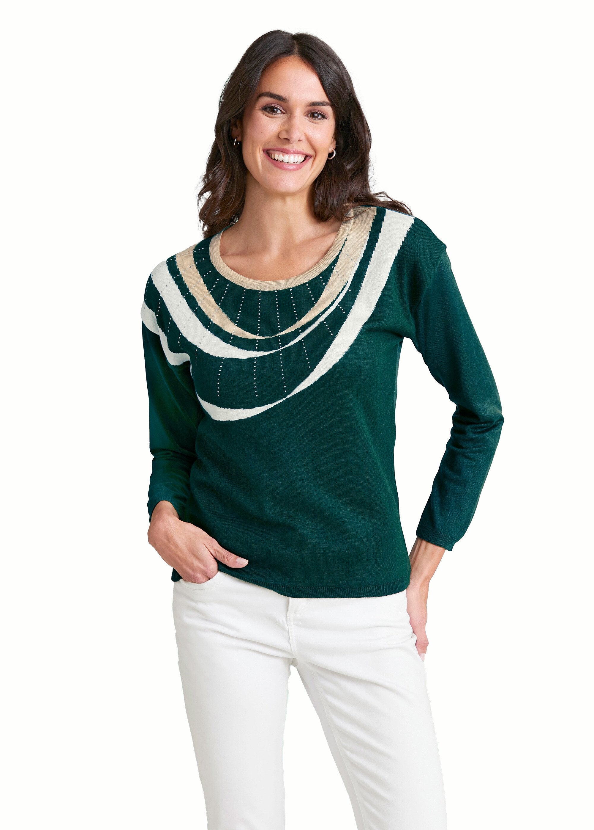 Short_rhinestone_jacquard_sweater_with_round_neck_Green_and_beige_FA1_slim