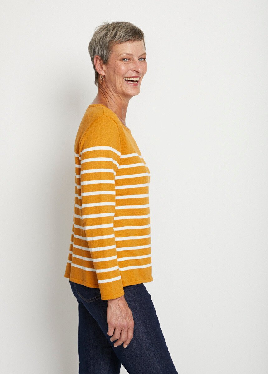 Striped_round_neck_long_sleeve_sweater_Honey_and_ecru_DR1_slim