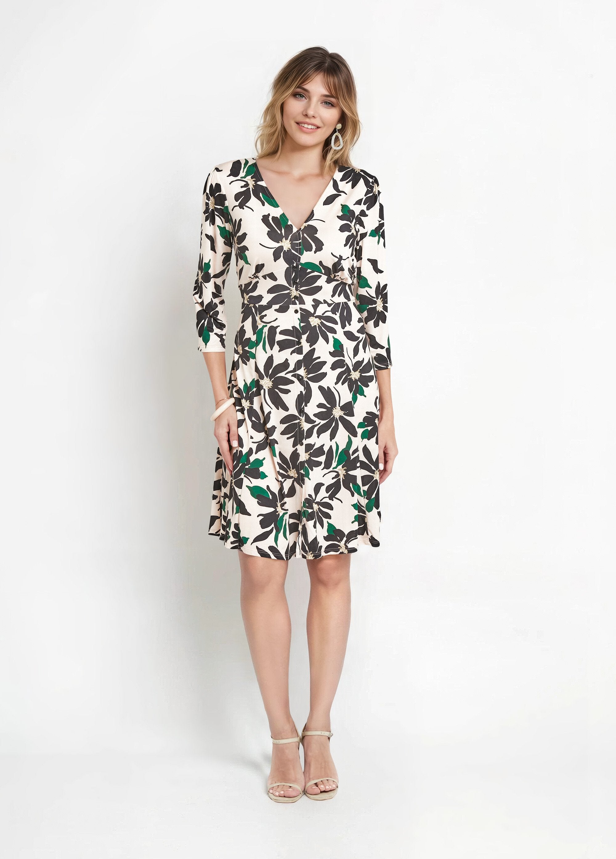 Buttoned_floral_dress_with_V-neck_and_3/4_sleeves_Beige_and_black_FA1_slim