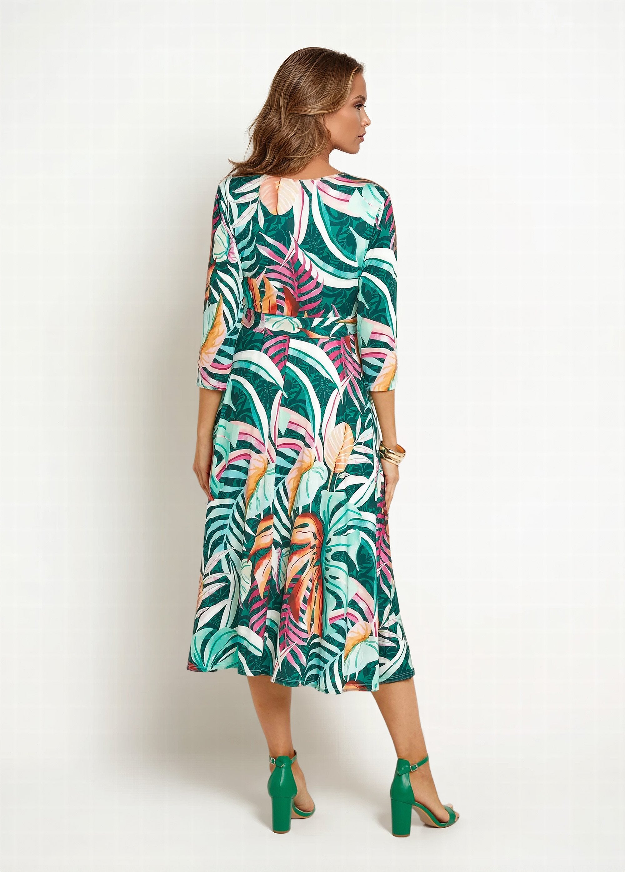 Long_dress_with_3/4_sleeves,_tropical_leaves_Green_prints_DO1_slim