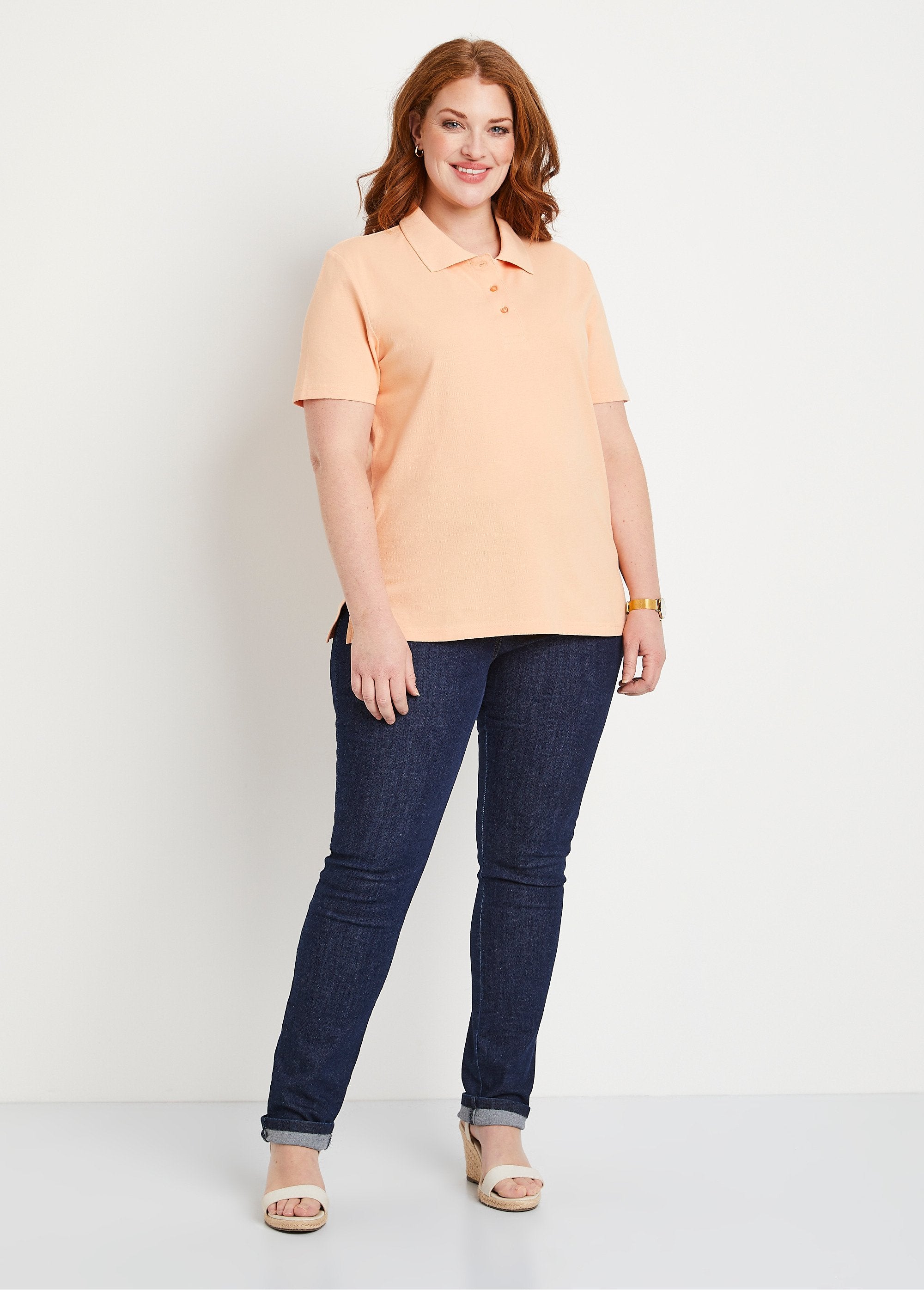 Cotton_piqué_knit_t-shirt_with_polo_collar_Melon_SF1_curvy