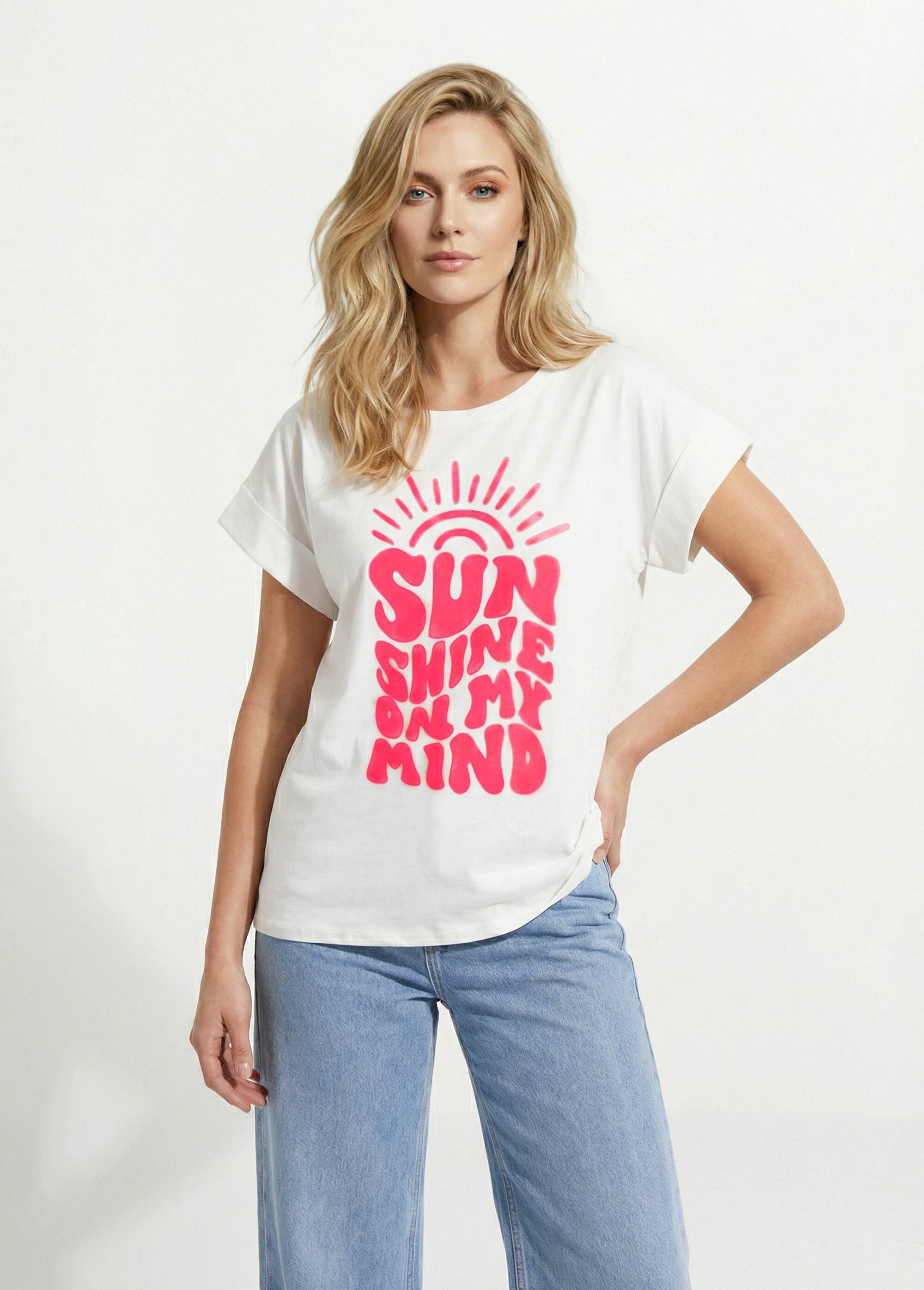T-shirt_col_rond_motif_fluo_Sunshine_Blanc_FA1_slim