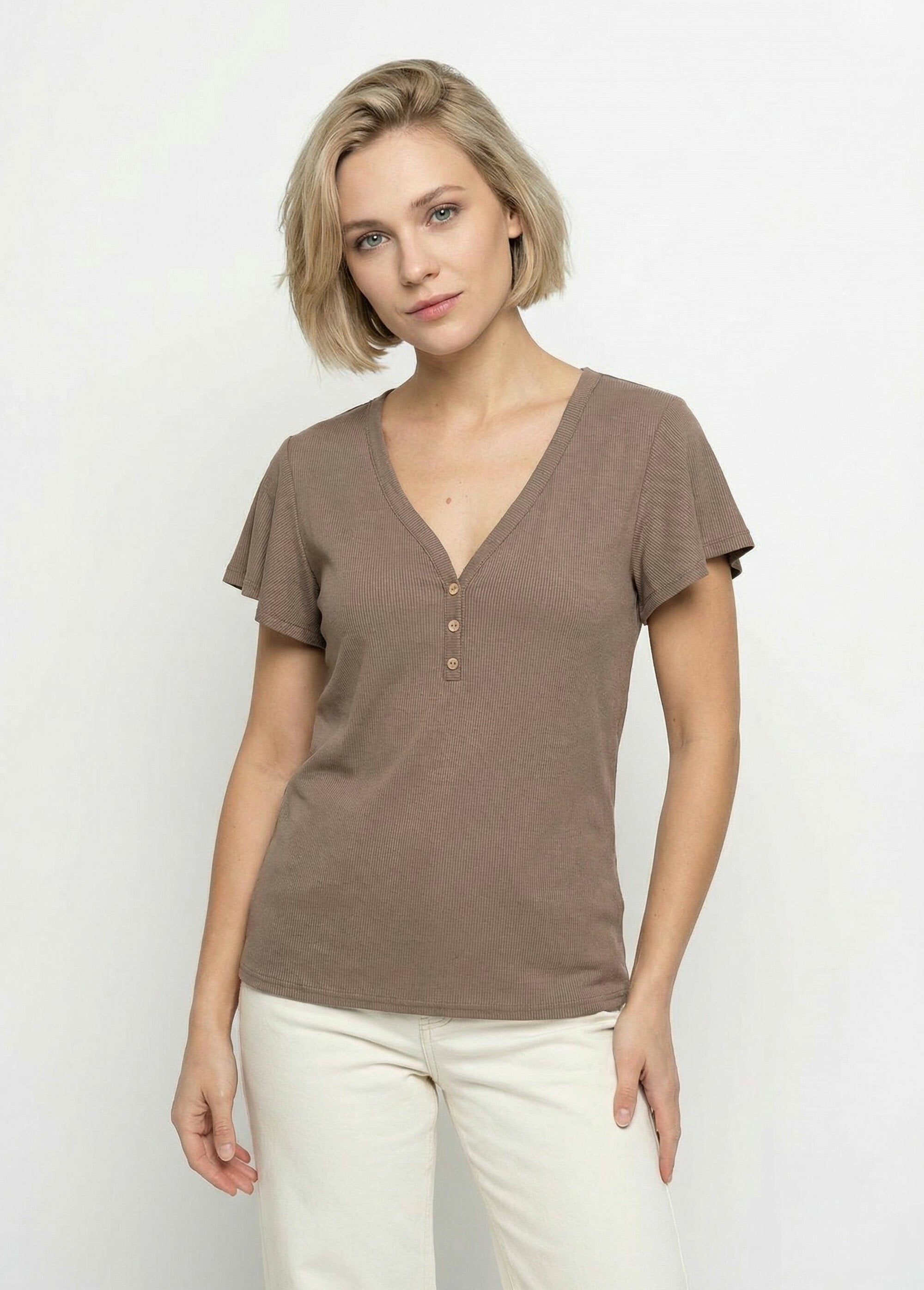 T-shirt_col_V_jersey_cotelé,_Essentiel_Taupe_FA1_slim