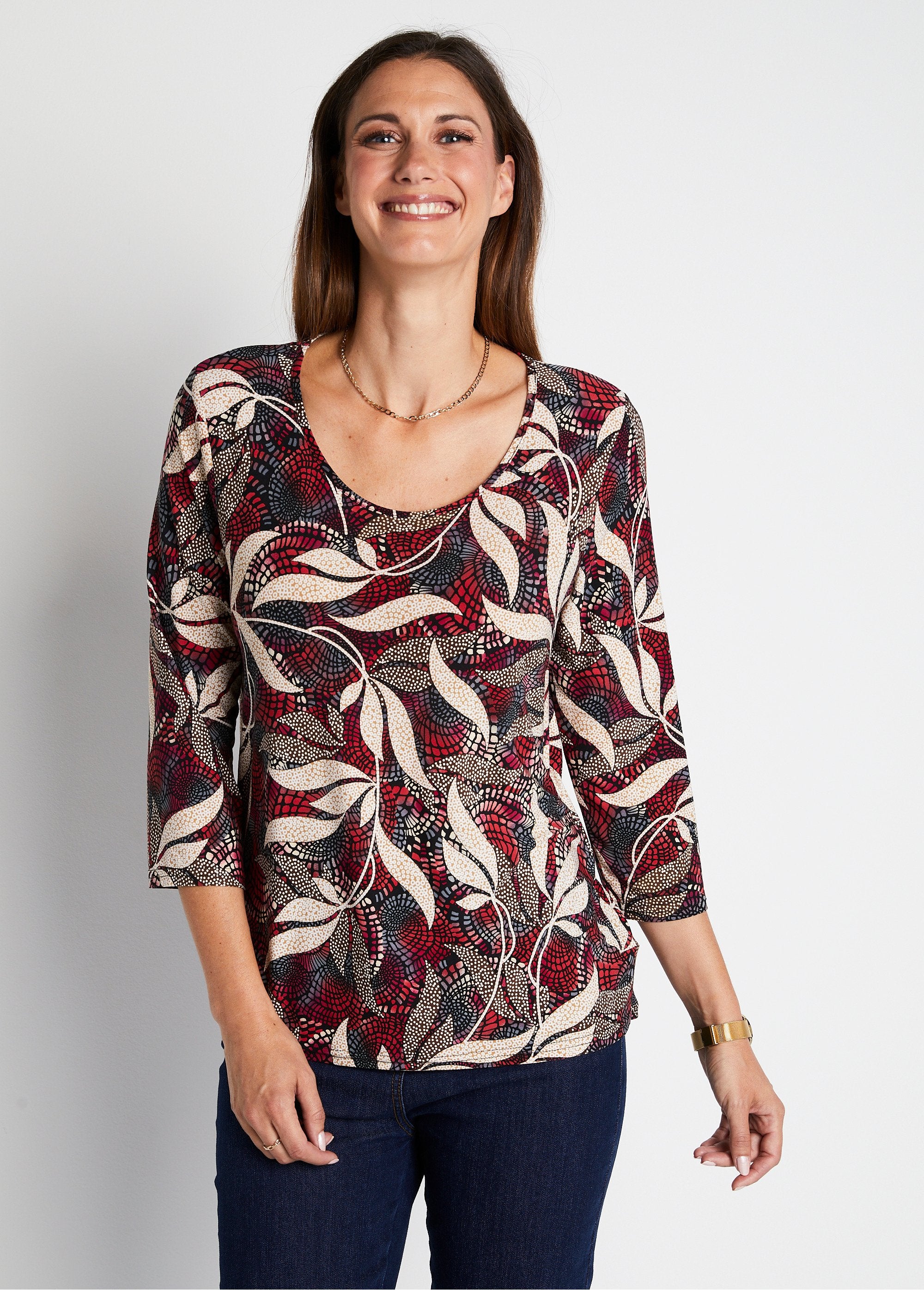 Straight_3/4_sleeve_t-shirt_with_foliage_print_Nasturtium_print_FA1_slim