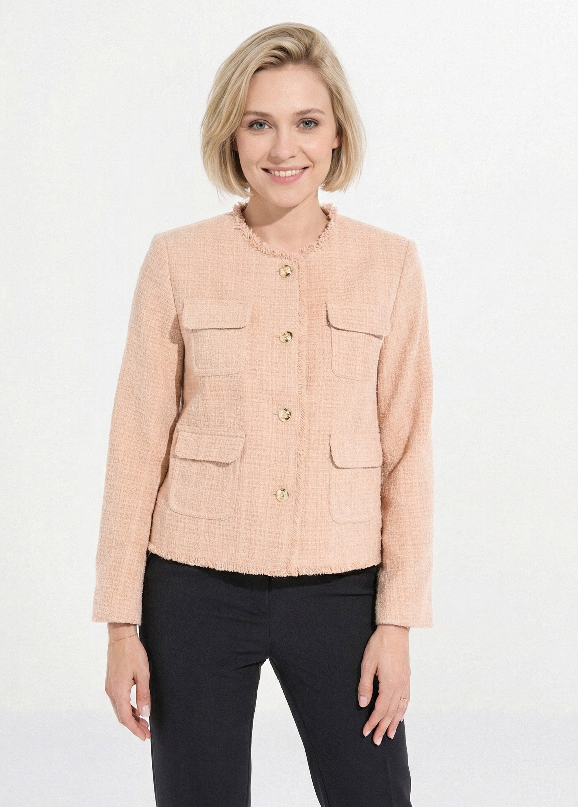 Fringed_button-down_collarless_tweed_jacket_Almond_FA1_slim
